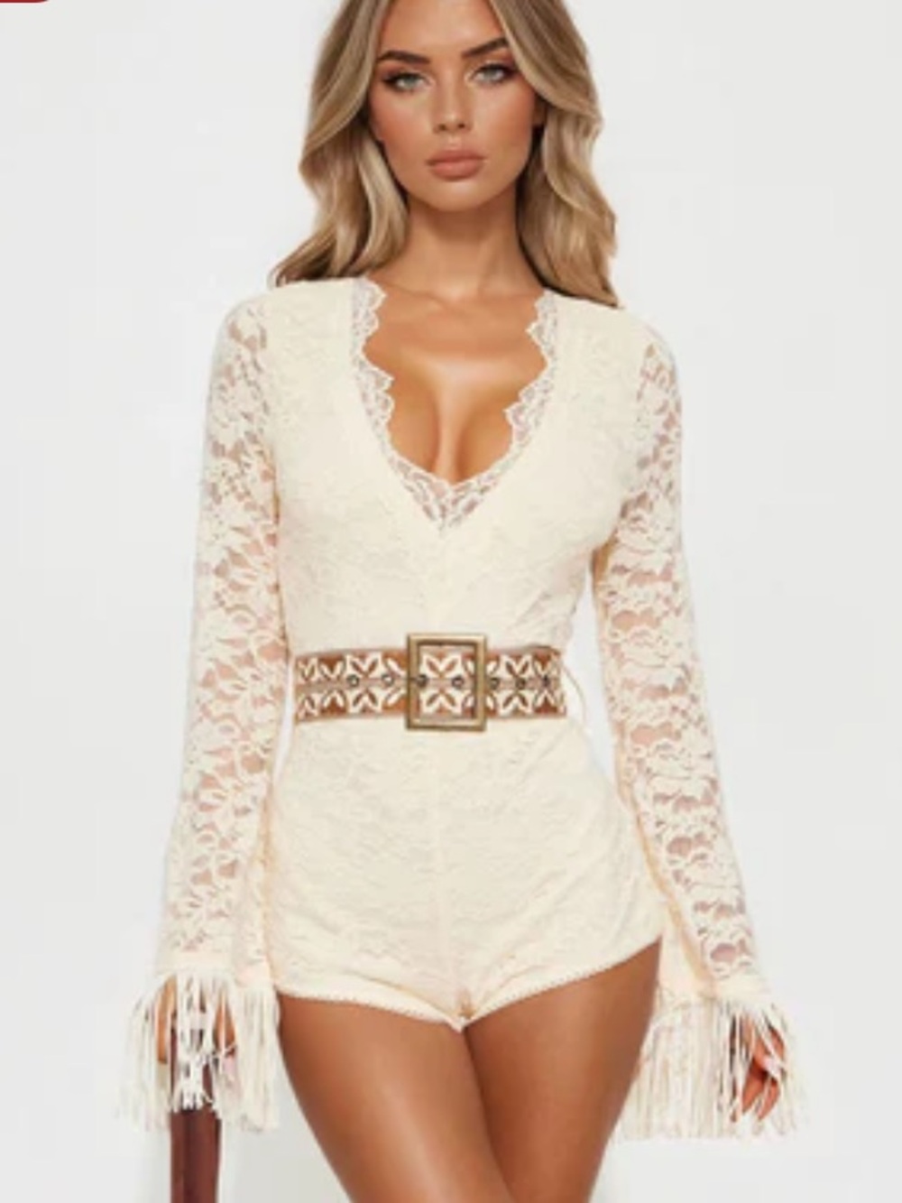 New Fashion Nova Bohemian Fringe Accent  Lace Overlay Belted Romper Size XLarge